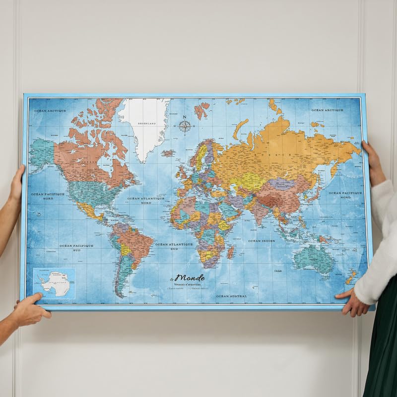Carte du monde en toile avec tableau d'affichage en liège - Labels en Français - Décoration murale décorative pour toutes les pièces - Tableaux sur toile (90x60 cm, Motif 10 French)