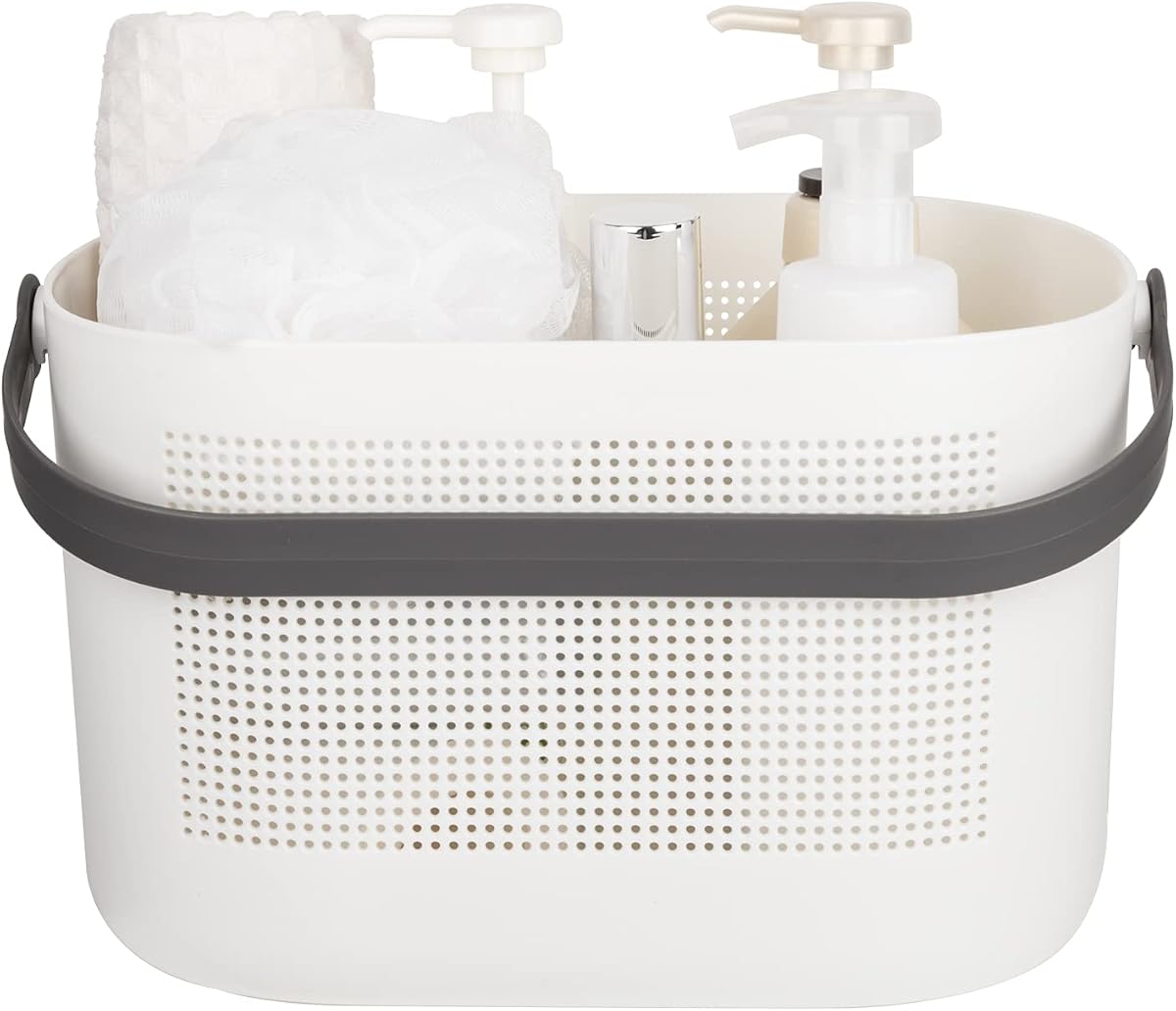 Plastic Portable Shower Caddy Basket, Storage Organizer with Handle, Grey | Bottom Drain Holes, Keep Dry, Sturdy and Durable, Easy to Carry for Bathroom, Kitchen, Dorm Room, RV, College