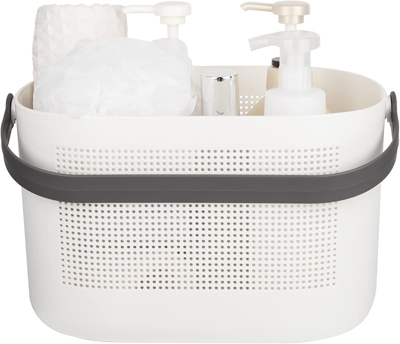Plastic Portable Shower Caddy Basket, Storage Organizer with Handle, Grey | Bottom Drain Holes, Keep Dry, Sturdy and Durable, Easy to Carry for Bathroom, Kitchen, Dorm Room, RV, College