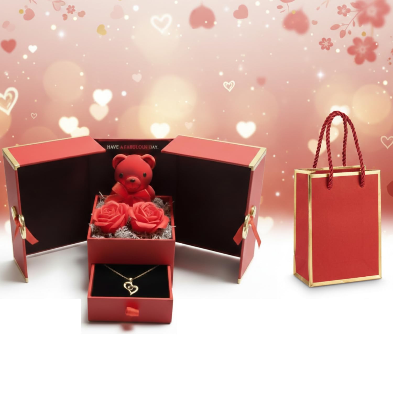 Romantic Teddy Bear Gift with Rose & Necklace - I Love You -12