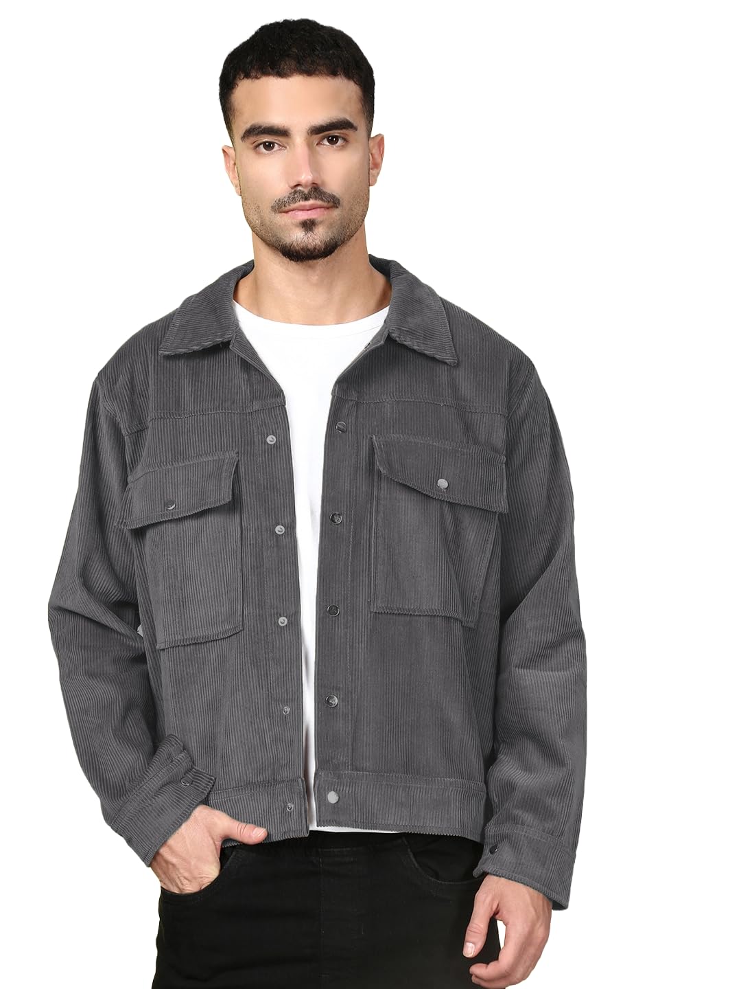 kaali peeli Classic Corduroy Trucker Shacket, Cotton Blend, Button Front Closure-picture-17