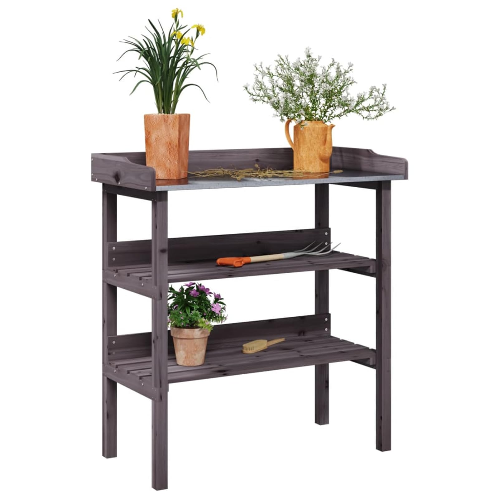 Geecher Tavolo Porta Piante, 2 Ripiani per Organizzare Vasi e Attrezzi da Giardinaggio, 78x38x82,5 cm, Legno Massello di Abete Grigio, Ideale per Giardino, Terrazza e Patio