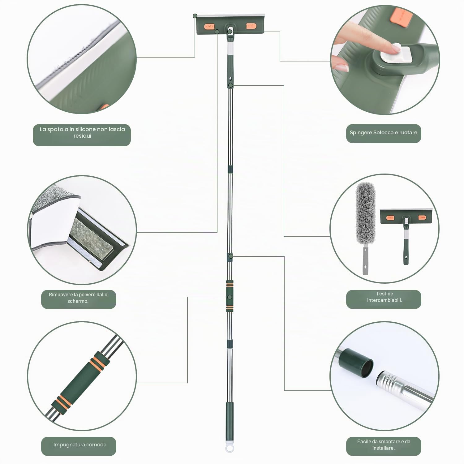 4 in 1 Lavavetri Telescopico, Kit Pulizia Vetrate con Tergivetro in Silicone e Spazzola in Microfibra, Lavavetri con Manico Telescopico per Auto Vetro Alte