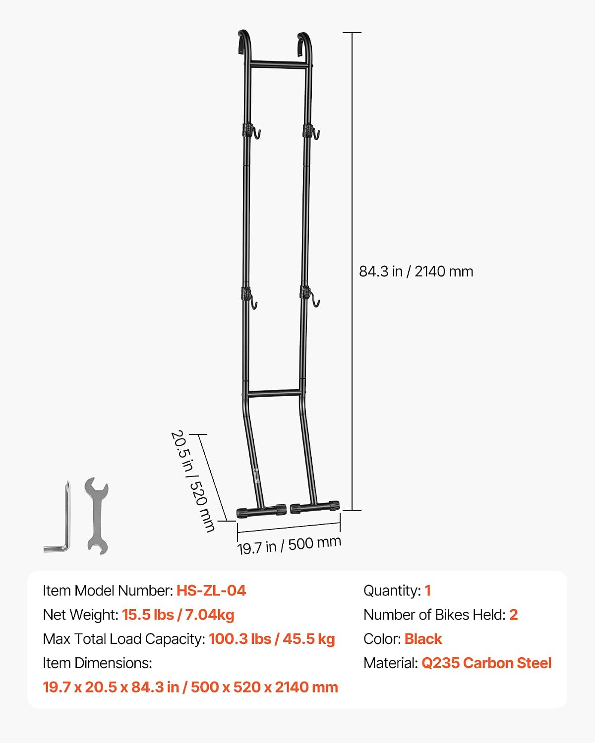 VEVOR Bike Stand for 2 Bikes, Freestanding Vertical Bike Storage Rack, with Height-Adjustable Hooks, Heavy-Duty Carbon Steel Standing Bicycle Floor Stand, Ideal for Garage, Apartment, Home, Black