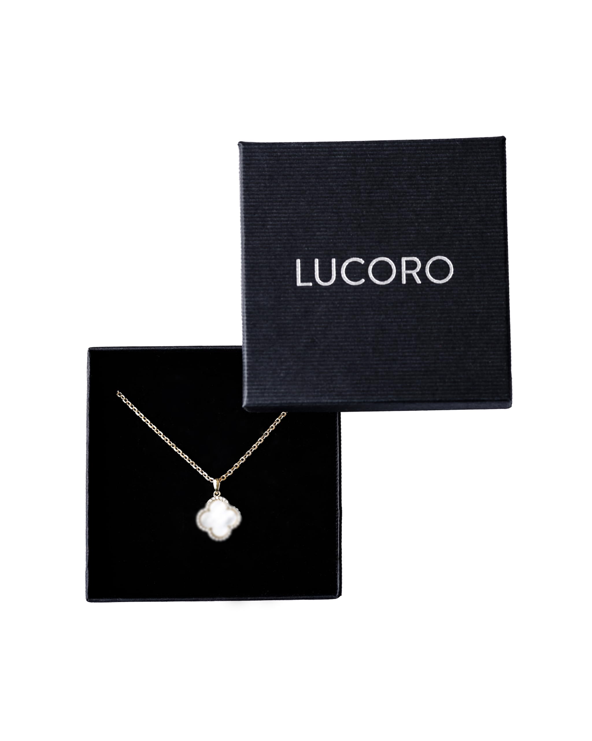 Lucoro - Kleeblatt Halskette Damen 925 Silber 18K vergoldet – Zirkonia & Perlmutt Anhänger, verstellbar 42–45 cm – Schmuck für Frauen & Mädchen, elegantes Geschenk mit Schmuckbox
