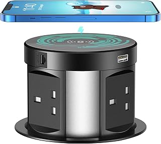 Automatic Pop up Outlets, THOWALL Pop up Power Socket with Wireless Charging 2 USB, 1RJ45 Port and 1 HDMI for Kitchen Worktops, Surge Protection 4 Outlets Power Strip, 3250W/13A