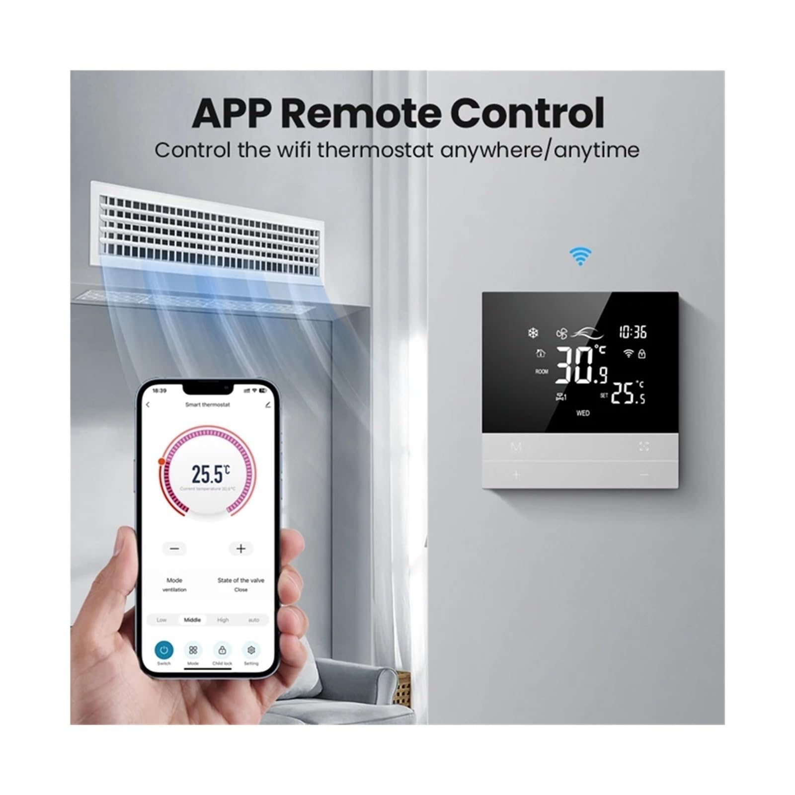 Controllore Aria Condizionata Centralizzato Wi-Fi Smart Termostato Aria Condizionata Centralizzata Riscaldamento Raffreddamento Unità Fan Coil A 3 Velocità(2 Pipe Wifi)