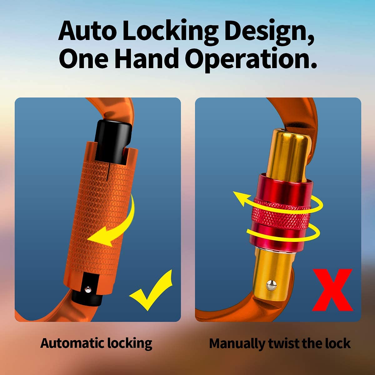 Karabiner Klettern Kletterausrüstung,UIAA-Zertifiziert 25KN Auto Locking Kletterkarabiner Clips für Hängematten, Schaukel, Locking Hundele