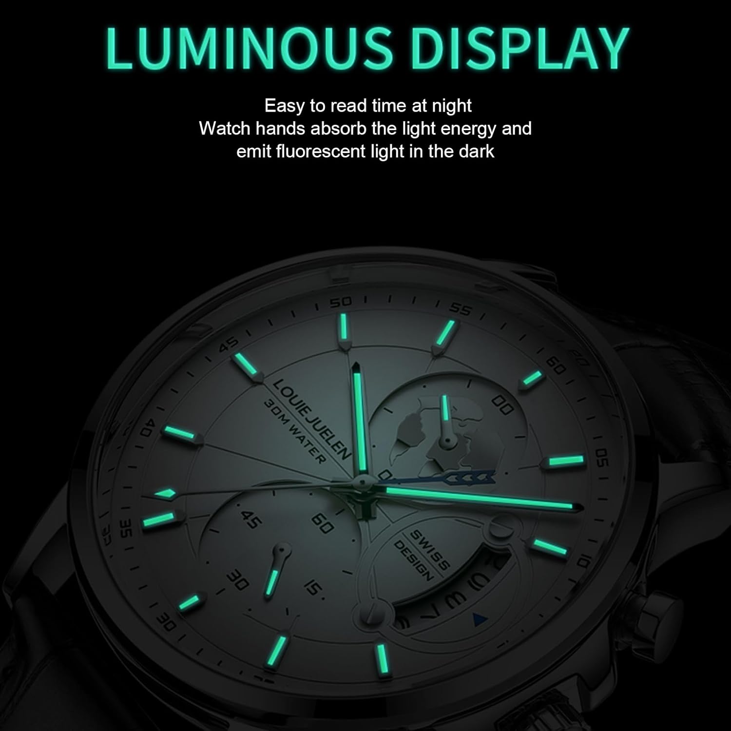 eYotto Men's Luxury Chronograph Quartz Wrist Watch, Casual Dress Black Leather Band Calendar Date Analog Formal Business Waterproof Wristwatch, Fashion Gifts Luminous Dial Watches for Men - Image 5