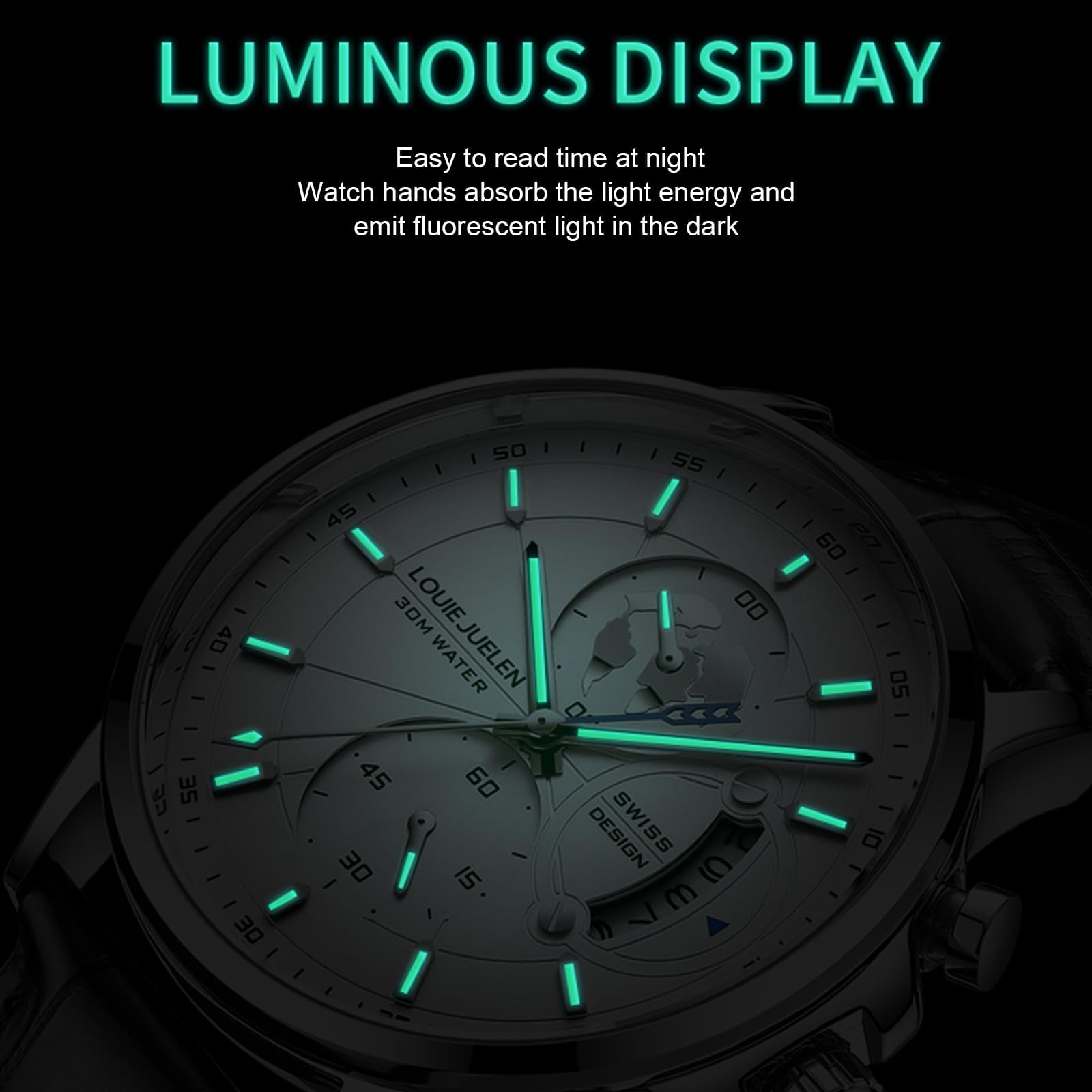 eYotto Men's Luxury Chronograph Quartz Wrist Watch, Casual Dress Black Leather Band Calendar Date Analog Formal Business Waterproof Wristwatch, Fashion Gifts Luminous Dial Watches for Men