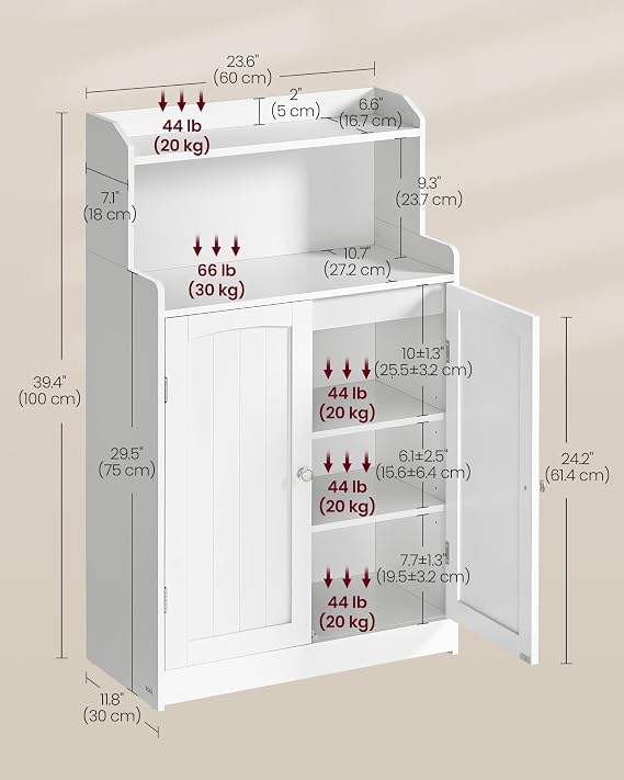 VASAGLE 39.4-Inch Tall Storage Cabinet, Floor Cabinet with 2 Doors, 2 Adjustable Shelves, Freestanding, for Bathroom, Kitchen, Living Room, Cloud White UBBC770W01