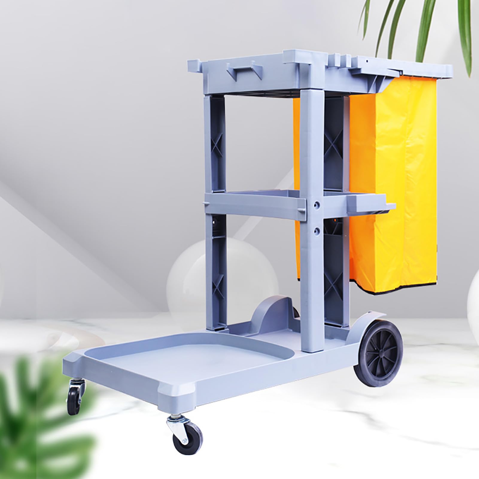 Carrello per Pulizie su Ruote, Carrello Commerciale Tradizionale in plastica a 3 Ripiani con Borsa in Vinile, Colore Grigio.