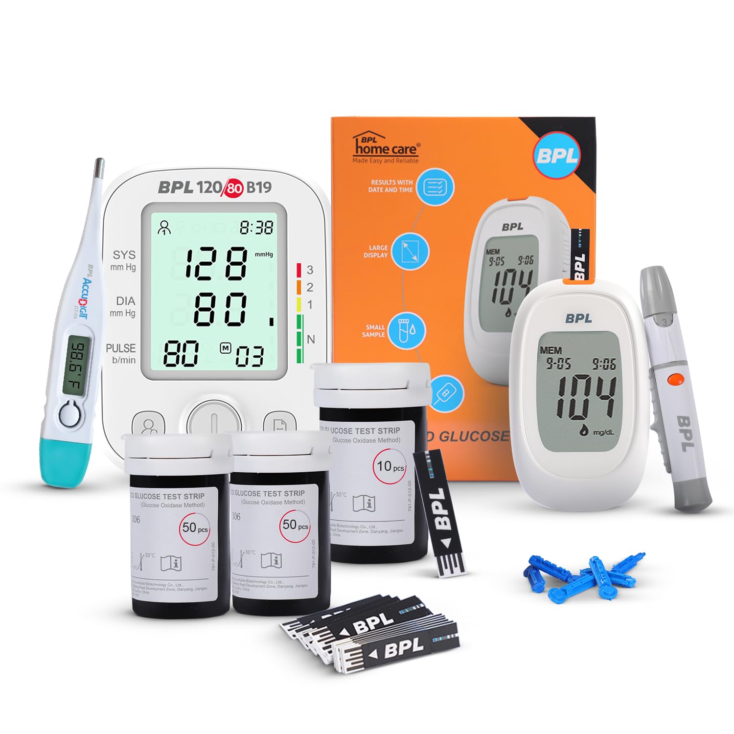 BPL Medical Technologies Home Care Combo - B19 Blood Pressure Monitor + Glucometer Kit + 100 Strips Vial + DT-04 Thermometer | B19 Blood Pressure Monitor, Glucometer Kit, 100 Strips Vial, DT-04 Thermometer-image-1