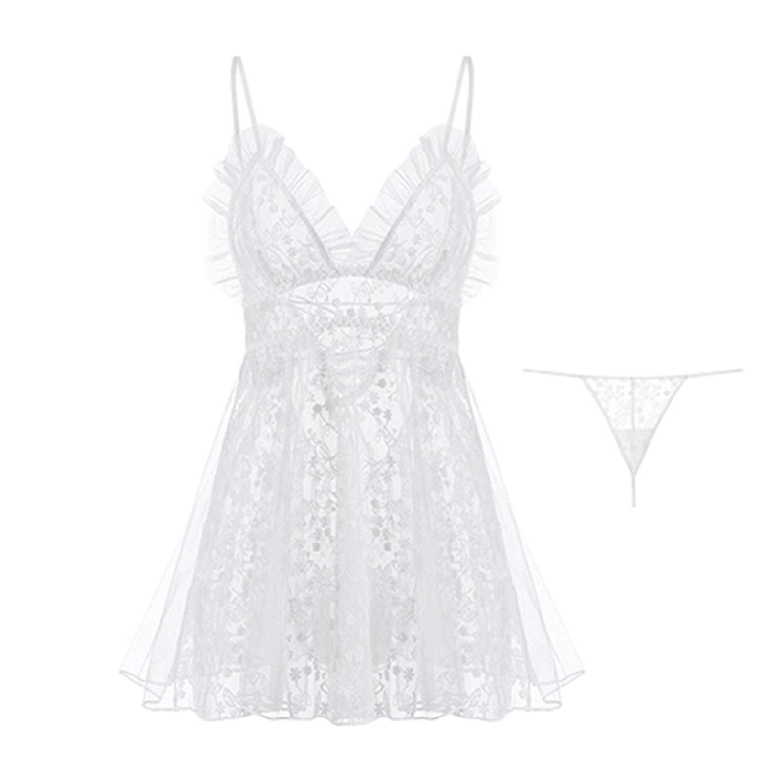 Pigiama Set Indumenti Da Notte Per Camicie Da Notte E Camicie Da Notte Sweet Young Bretelle In Pizzo Abito Da Casa Ricamo A Rete Trasparente Camicia Da Notte All'americana Con Perizoma (Bianco M)