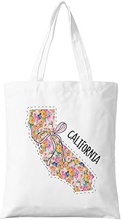 California State Poppy Tote Bag - Trendy Girly Coquette Bow Floral Design - Cute Wildflower Canvas Bag - Reusable Golden State Tote for Women & California Lovers. (158)