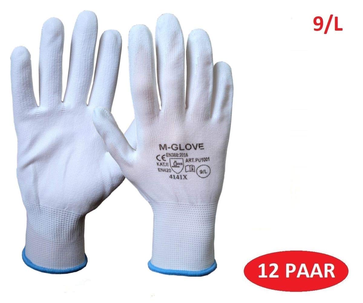 M-Glove 12 works of Protective Gloves Nylon with Polyurethane Coating Gloves Car Jewellery (White 9/L), Weiß 9/L - Image 2