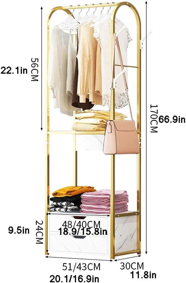 Coat Stand Coat Stand Large Coat Tree with 3 Hooks and Storage Box Multifunctional Hallway Tree with 2 Drawers Sturdy Steel Frame Freestanding Coat Stand (Color : Gold Size : 43 x 30 x 170 cm)