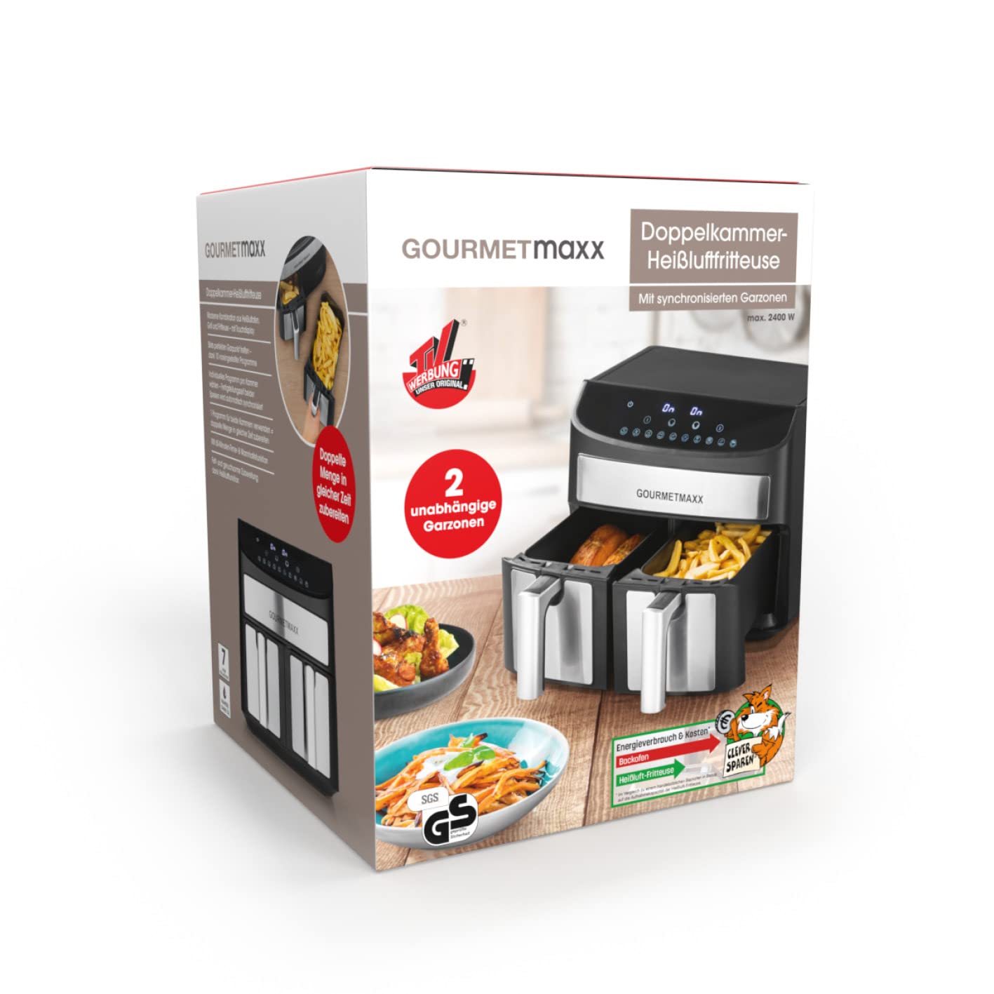 GOURMETmaxx Dwukomorowa frytkownica na gorące powietrze, 2 x 3,5 l, stal nierdzewna, Airfryer z synchronizowanymi strefami gotowania, funkcją timera i wyświetlaczem dotykowym, energooszczędne smażenie