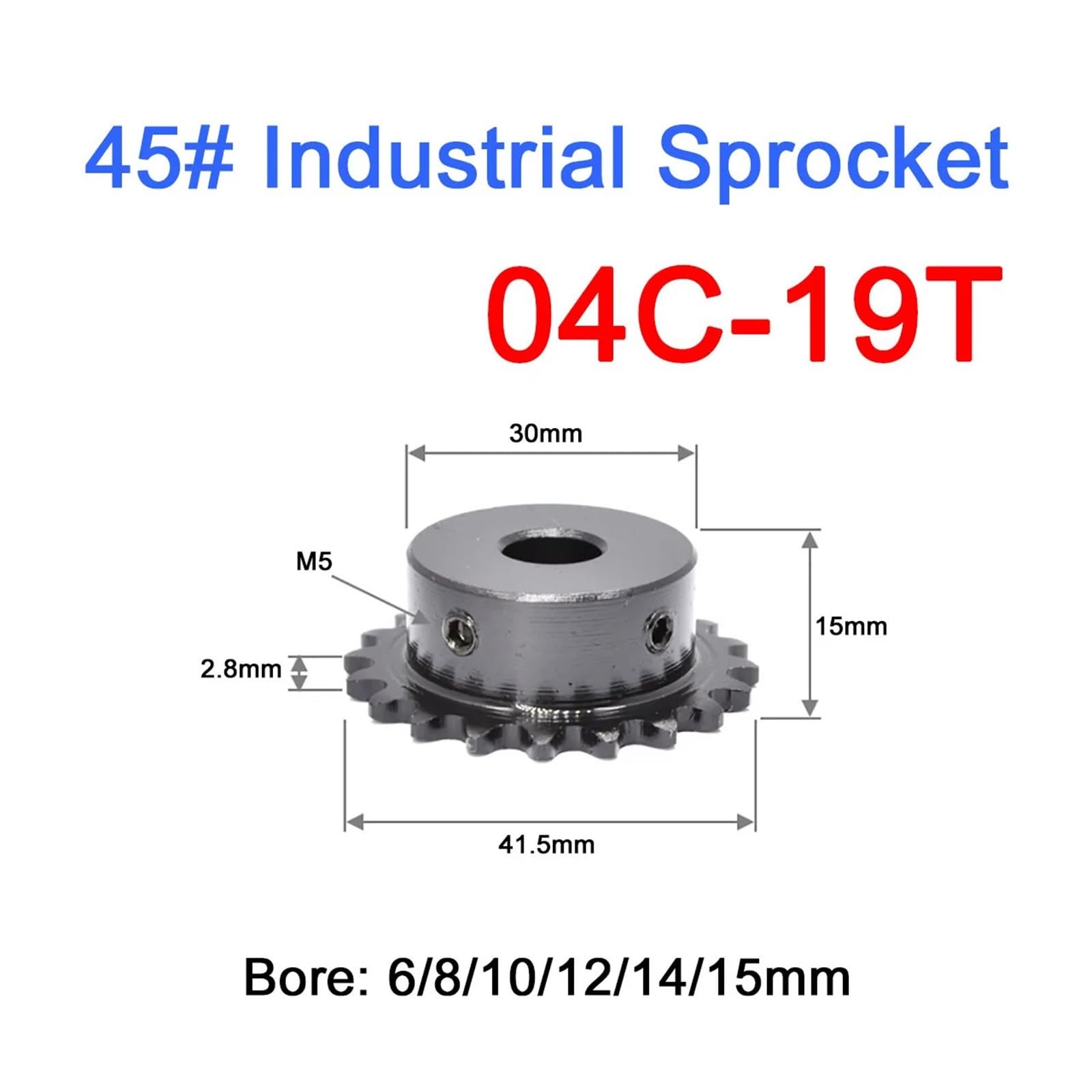 Bevel Gear Pinion Hardware Mechanical 04C 2 Points 19 Teeth Chain Gear Industrial Sprocket Wheel Bore 6/8/10/12/14/15mm Tooth Thickness 2.8mm(14mm)