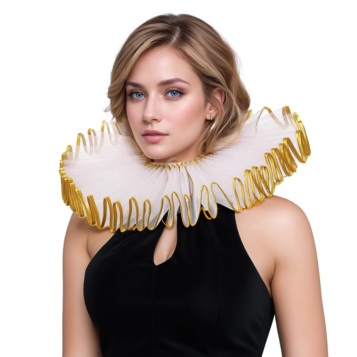 BPURB Renaissance Elisabethan Ruff Collar Neck Ruffle Collar Clown Collars, White-Gold-1, One Size, Style C-White-Gold-1