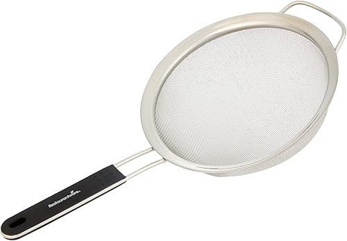Restaurantware Colador de malla fina, 1 unidad de 15 x 7.8 x 3 pulgadas con mango de silicona, colador de malla extrafina de acero inoxidable, mango