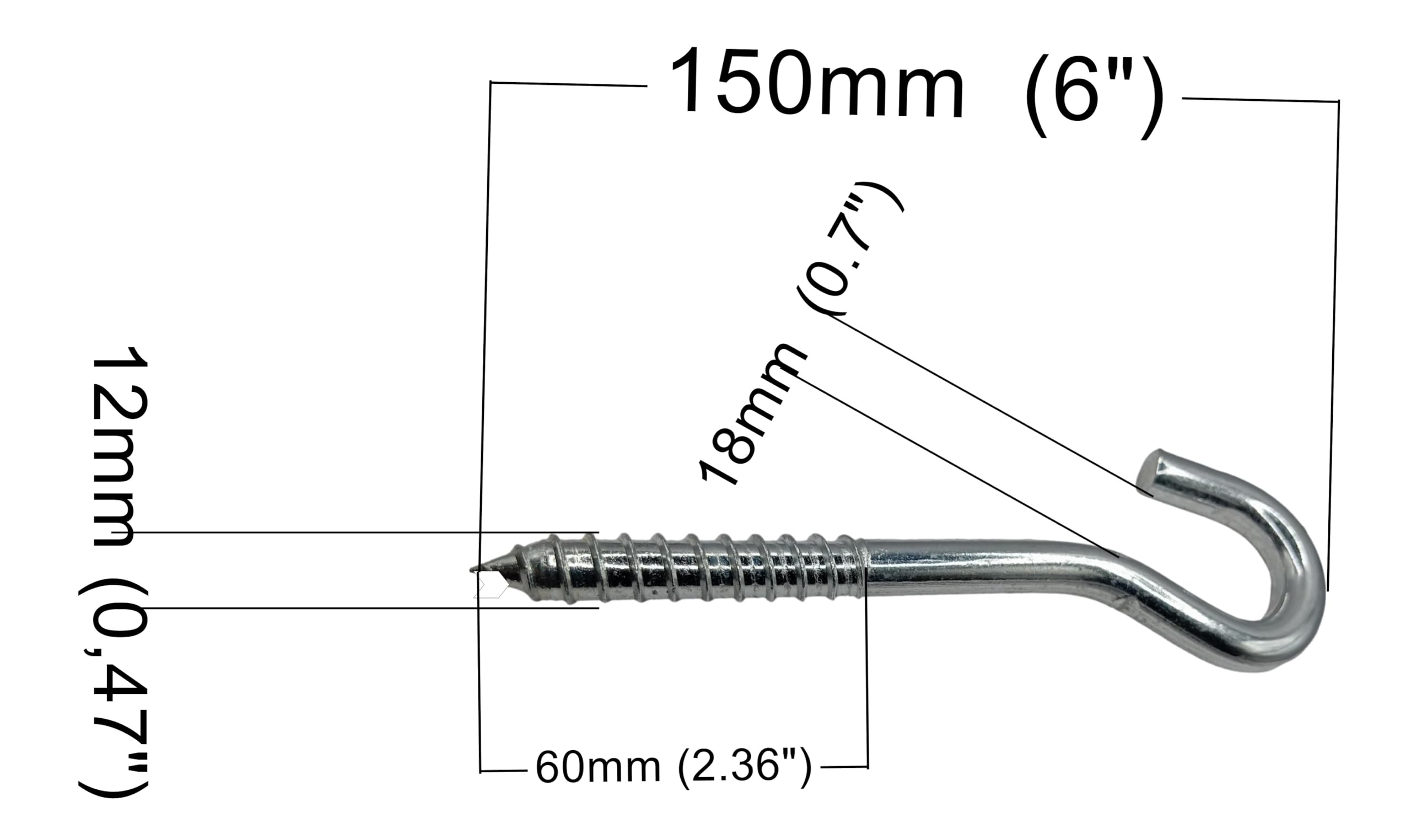 LLB Screw Hooks Pack of 3pcs 6 inch Heavy Duty Screw-in Big Large Screw in Hooks Plain Ceiling Cup Eye The Largest Size: 12mm x 150mm - Image 2