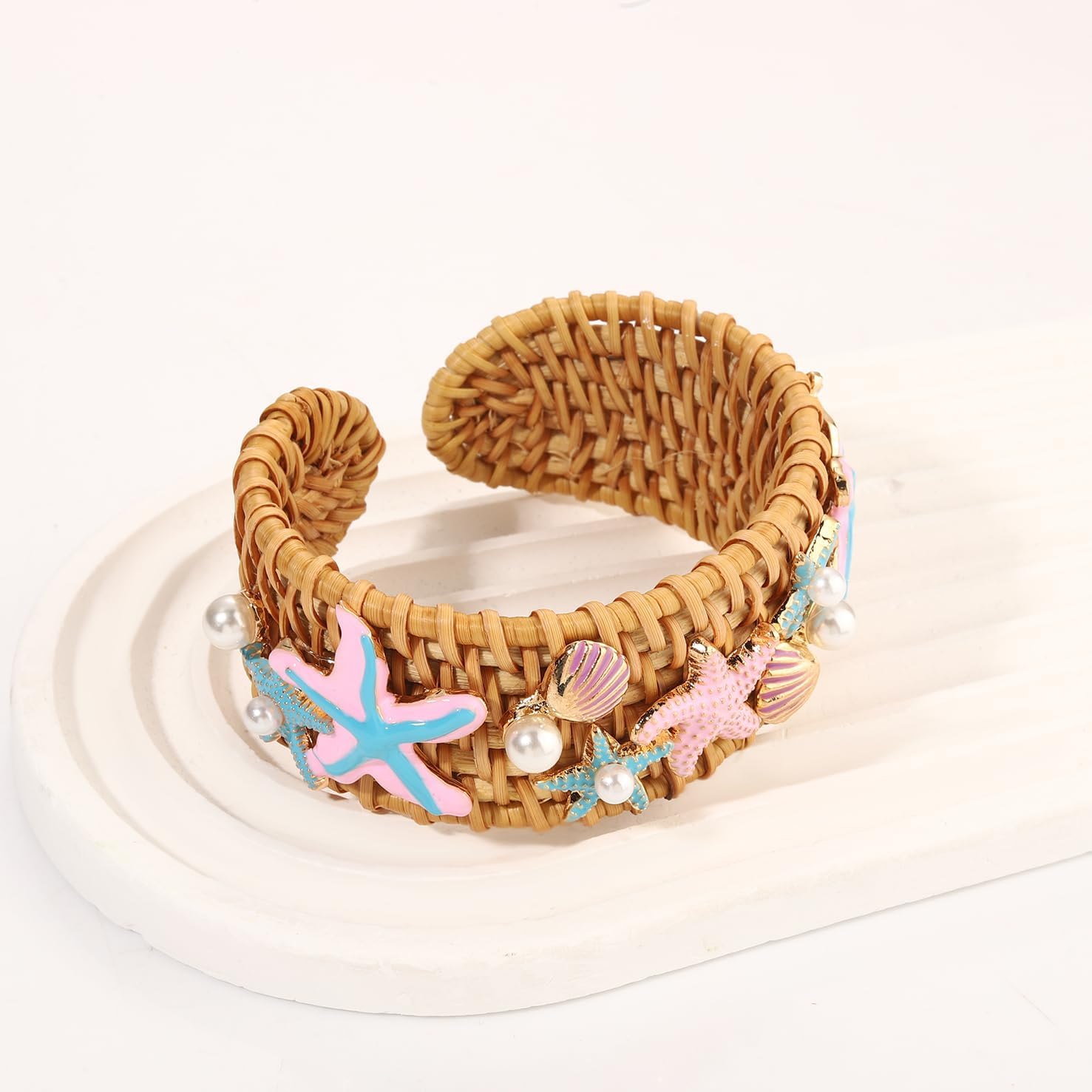 NLCAC Rattan Cuff Bracelet Seashell Western Cowgirl Boot Rattan Bangle Straw Wicker Braid Open Cuff Bracelets Summer Beach Party Outfits for Women