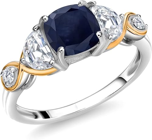 Anillo de compromiso de 3 piedras de plata 925 y oro amarillo de 10 quilates, zafiro, media luna, moissanita y diamante cultivado en laboratorio,