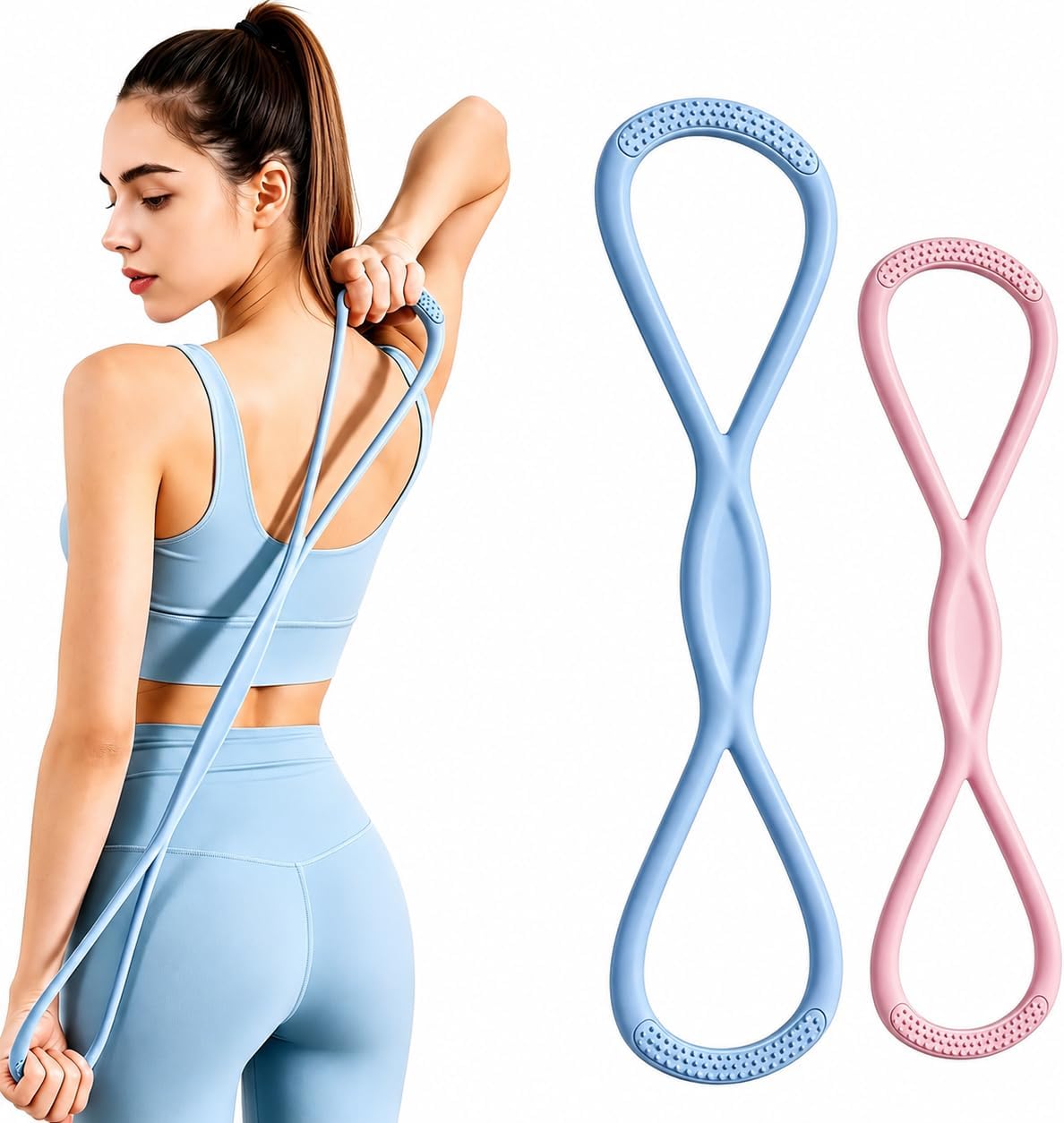 Figure 8 Resistance Bands with Handles,2 Pack Silicone Exercise Bands for Arms, Back, Legs and Glutes,15LB&25LB Figure Eight Bands for Yoga,Pilates,Stretching and Home Workout