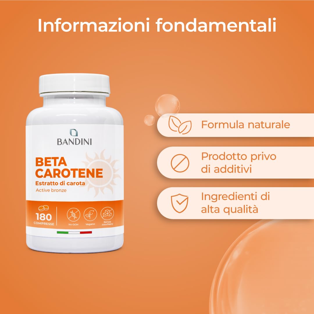 Bandini® Betacarotene | Integratore per Abbronzatura Forte Intensa e Pelle Radiosa | 180 Compresse | Apporto di Vitamina A per un Colorito Luminoso Tutto l’Anno | Sistema Immunitario