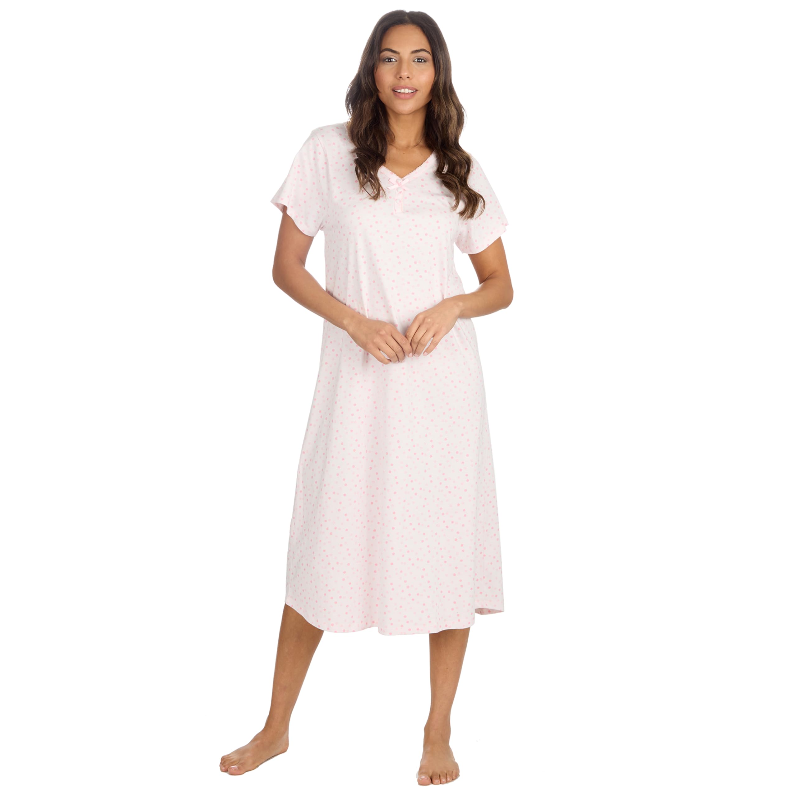 Metzuyan Ladies Short Sleeved Floral Nightdress 100% Cotton Nightshirt Flowers Nightie Pink Spot Size 18-20