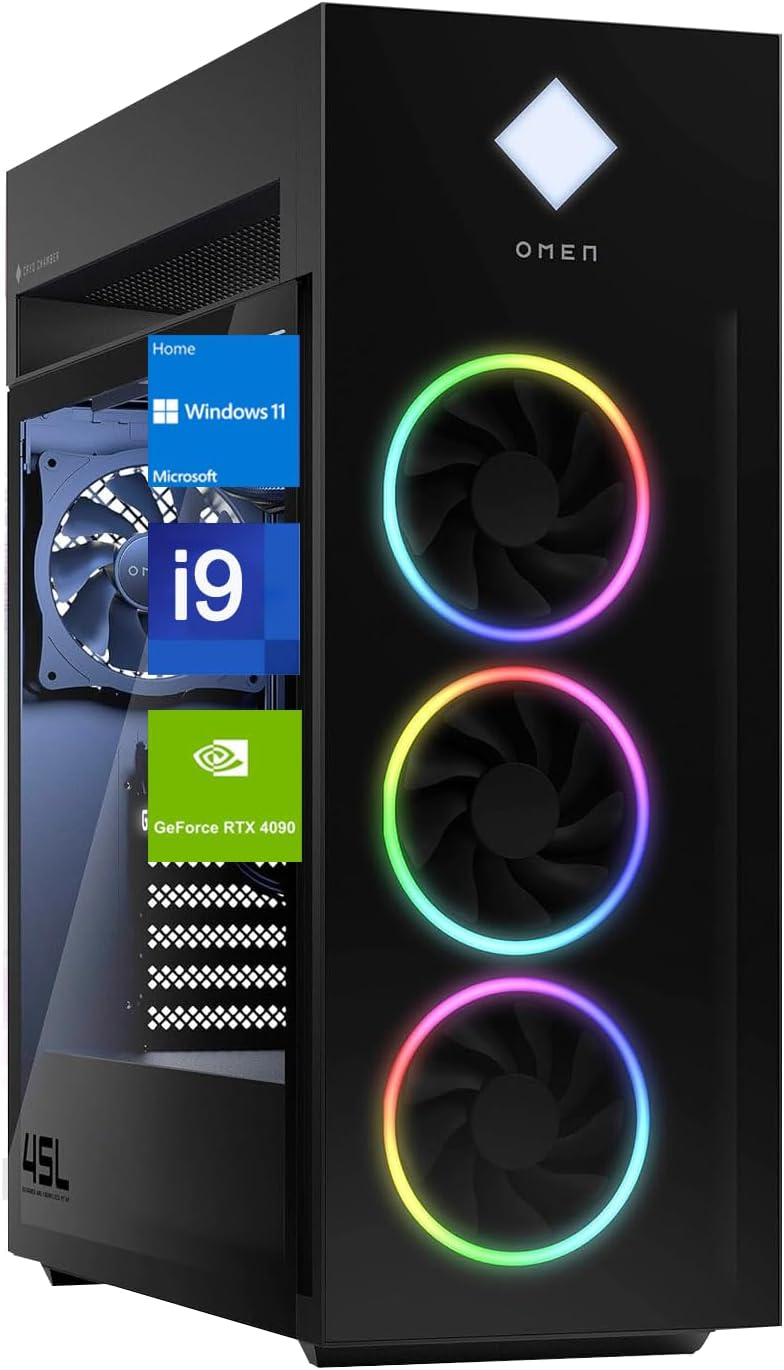 HP OMEN 45L Intel i9 RTX 4090 Ultimate Gaming Desktop, i9-13900K, GeForce RTX 4090 (24 GB GDDR6X), 64GB DDR5 RAM, 1TB SSD, RGB Liquid Cooler, HDMI, DP Port, Wi-Fi 6, Windows 11 Home, Black