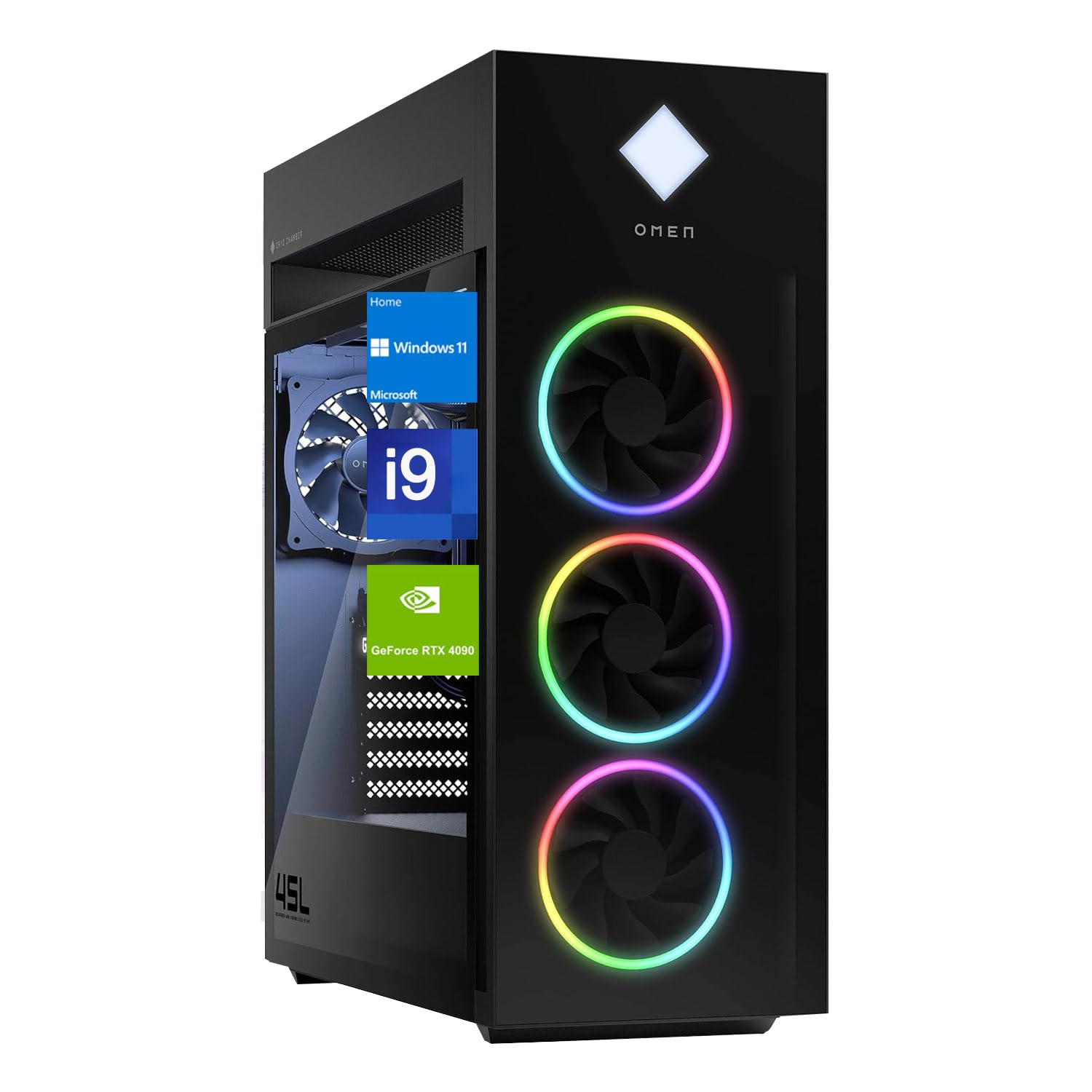 HPOMEN 45L Intel i9 RTX 4090 Ultimate Gaming Desktop, i9-13900K, GeForce RTX 4090 (24 GB GDDR6X), 64GB DDR5 RAM, 1TB SSD, RGB Liquid Cooler, HDMI, DP Port, Wi-Fi 6, Windows 11 Home, Black