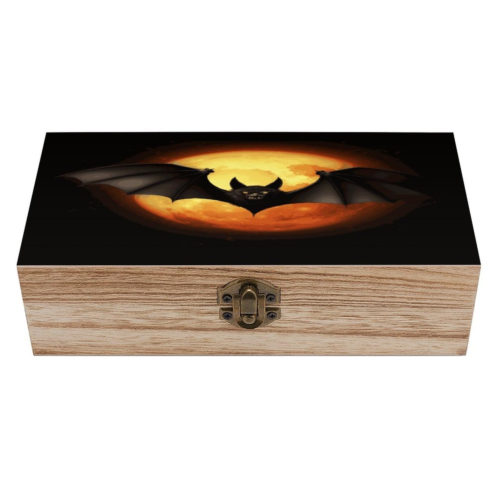 Btcowzrv Style Halloween Bat Wooden Storage Box, Keepsake Box With Hinged And Retro Lock, Wood Jewelry Organizer For Photos & Mementos And Home Decor