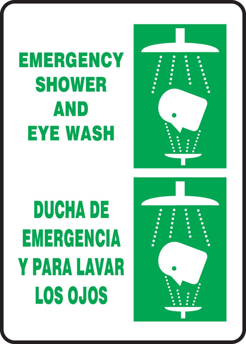 Accuform SBMFSR503XT Dura-Plastic Spanish Bilingual Sign, Legend"EMERGENCY SHOWER AND EYE WASH/DUCHA DE EMERGENCIA Y", 20" Length x 14" Width x 0.060" Thickness, Green on White