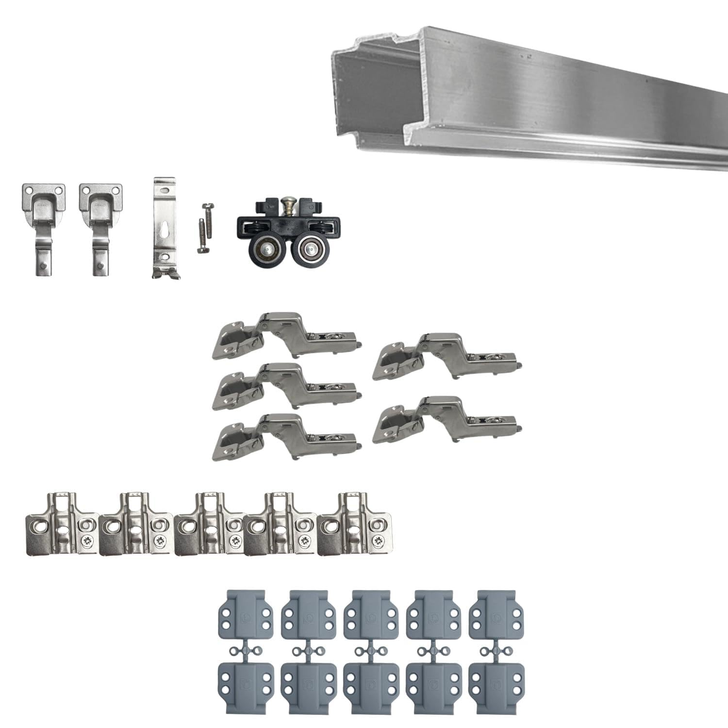 INDAUX Kit Ferramenta per 4 Ante a Libro Con Cerniere Ammortizzate Soft Collo Alto 18, Binario 200 cm, Peso Max 50 kg, Sistema Scorrevole