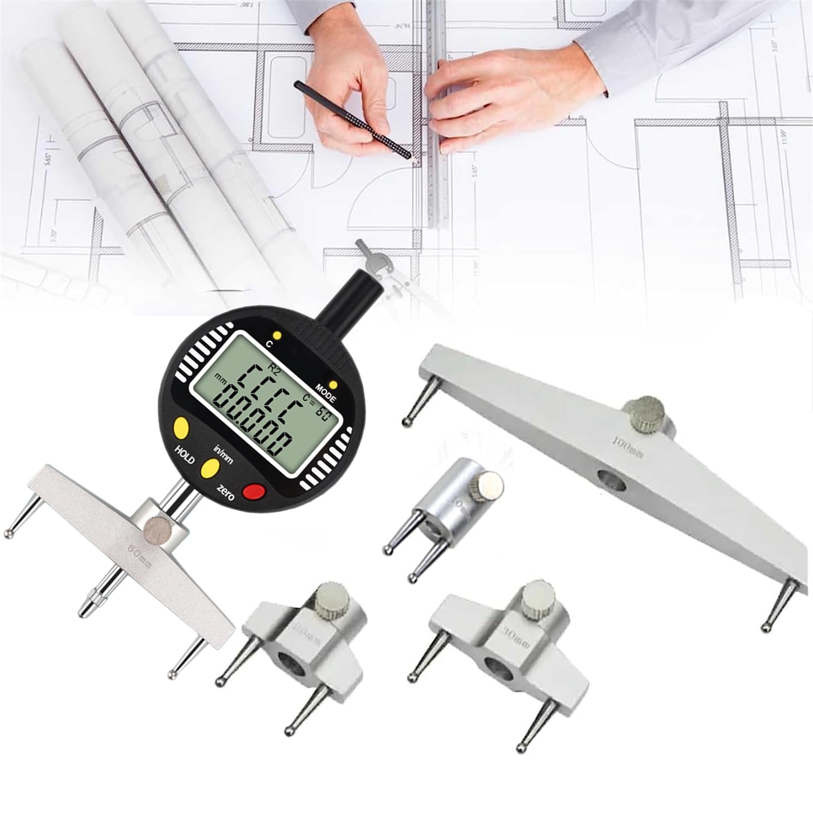 Digitales Radiusmessgerät, hochgenaue Messanzeige mit 5 austauschbaren Backen, 5–700 mm Radiusbereich, Datenausgangsanschluss für mechanische und Holzteile