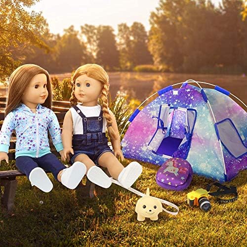 ZITA ELEMENT 5 Items American 18 inch Dolls Camping Tent Set and doll Accessories Including 18 Inch Doll Tent, Sleeping Bag, Backpack, Toy Camera and Toy Dog and Other Travel Set(Doll Not Included)