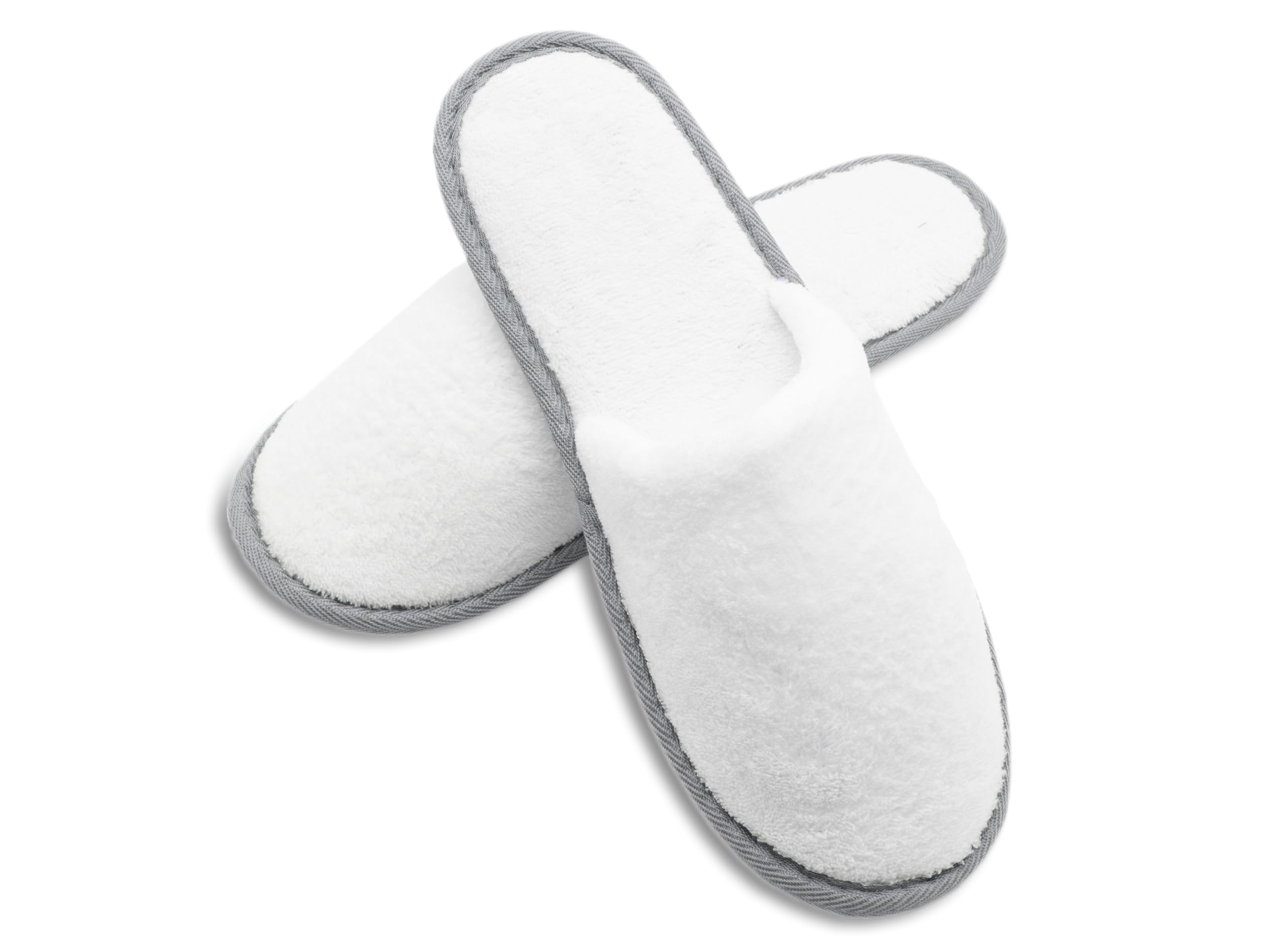 ZOLLNER Einwegslipper in weiß mit grauem Rand - Frottierslipper für Reise, Spa und Zuhause - rutschhemmende Noppensohle - geschlossene Spitze - Einheitsgröße - Hotelqualität, 506