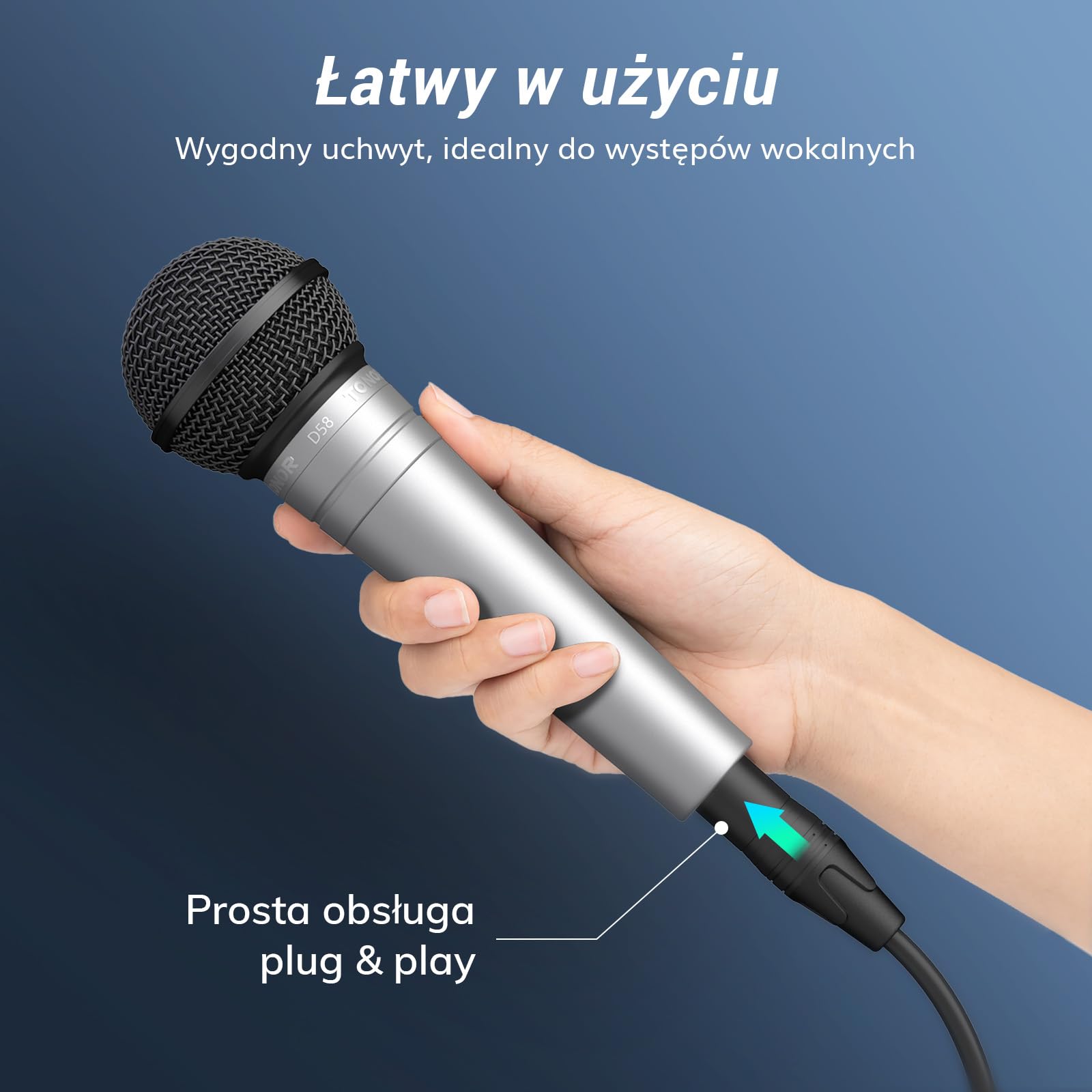 TONOR Kardioidalny Mikrofon Wokalny, Przewodowy Z Wbudowanym Filtrem Pop i Siatką Sferyczną, Ręczny Z Redukcją Szumów, Wyjście XLR 6,35 mm, Do Śpiewu, Sceny, Nagrywania, D58 Srebrny