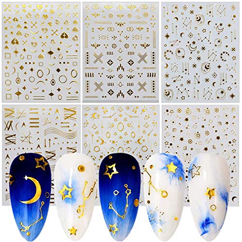 Nail Art Stickers Decals for Women Girls, 6 Sheets Gold 3D Self-Adhesive Luxury Metal Acrylic Nail Art Supplies Manicure Fingernail Decorations for Women Girls Kids DIY or Nail Salon