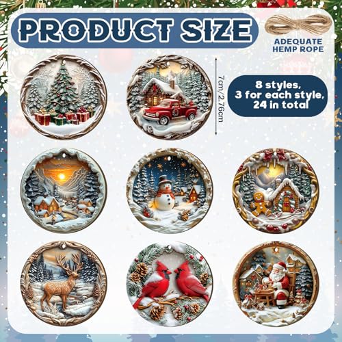 Image of Vercraft 24 Pcs Christmas Wooden Ornaments for Christmas Tree Vintage Round Xmas Decorations 3D Cardinal Snow Scenery Ornaments Santa Claus Scene Hanging Decoration for Winter Farmhouse Home Party
