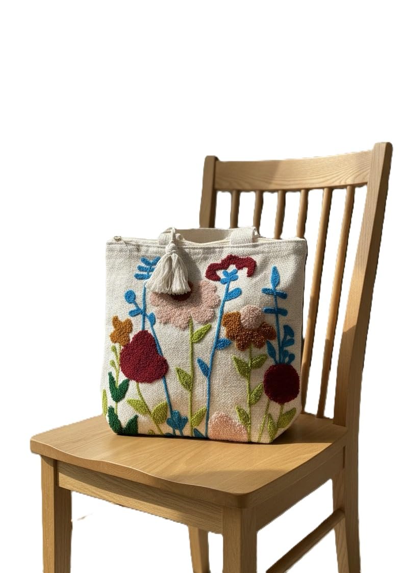 Embroidered Cotton Tote Bag for Women | Natural Canvas Shoulder Handbag with Multicolor Floral Embroidery | Reusable Eco-Friendly Carry Bag 16x16 Inch-image-20