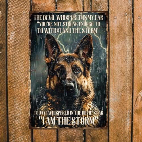 GLOBLELAND Deutscher Schäferhund Metall Blechschild - Schwarzer Hund Vintage 12×8 Zoll 'Ich Bin Der Sturm' - Lustige Wanddekoration Für Zuhause