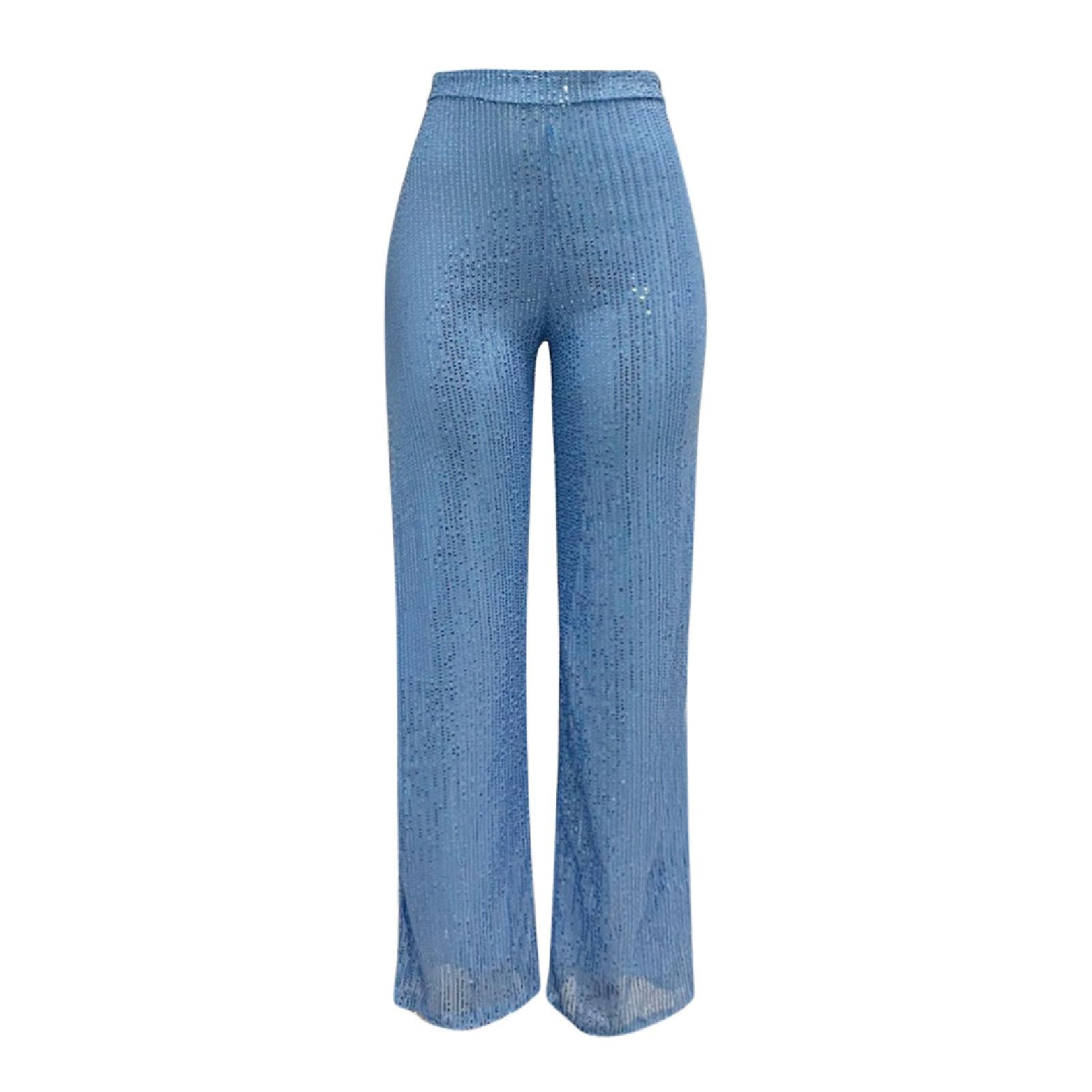 Pantaloni a zampa, alla moda, da donna, a gamba larga, per carnevale, con paillettes, in vita elasticizzata, con brillantini, da sera, per feste