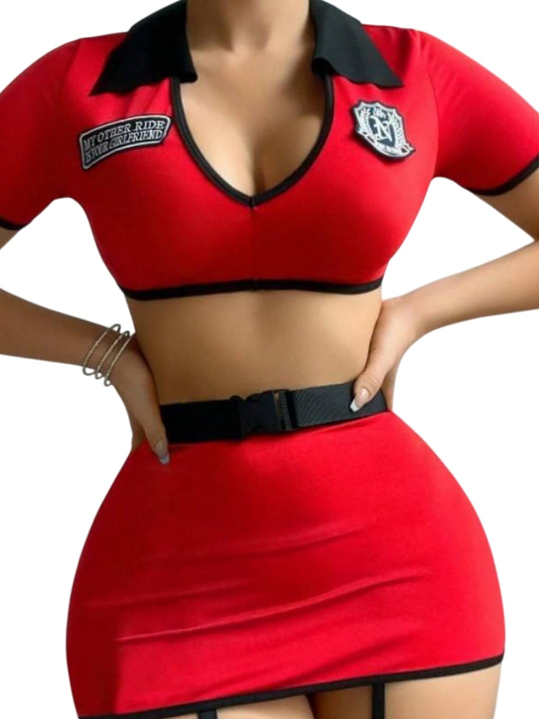 Women’s Sexy Red Babydoll Costume Set – Collared Crop Top & Mini Skirt with Belt – Role Play Nightwear Outfit for Honeymoon & Valentine-image-10