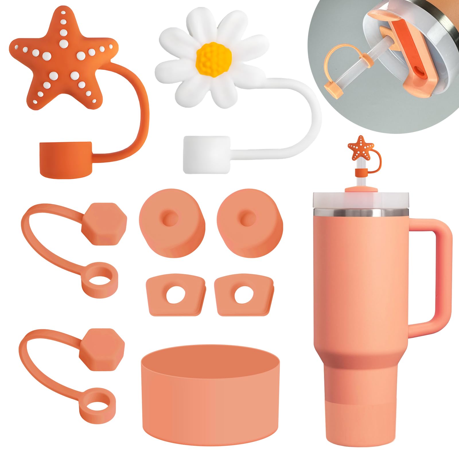 Stanley Cup Accessories Set: Silicone Spill Proof Stopper, Straw Cover Cap, Silicone Boot for 40oz & 30oz Tumbler (Nectarine)