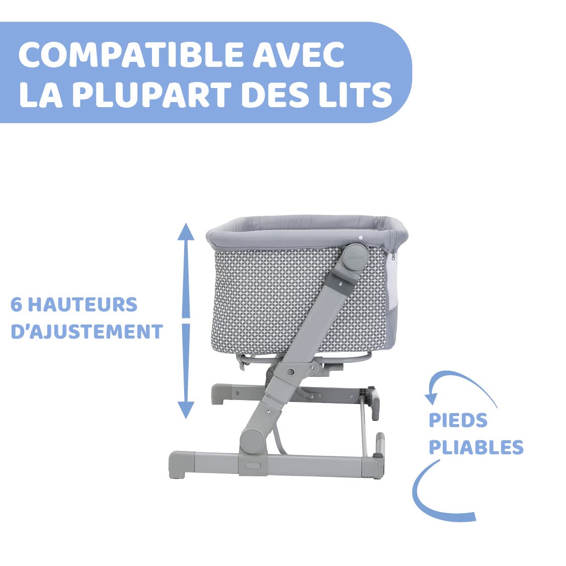 Chicco Next2Me Go Berceau Bébé Lit Latéral, Compatible avec Plusieurs Lits, Réglable en Hauteur, Bonne Circulation d’Air, Berceau de Voyage, Lit de Voyage, Pliable, Gris Clair