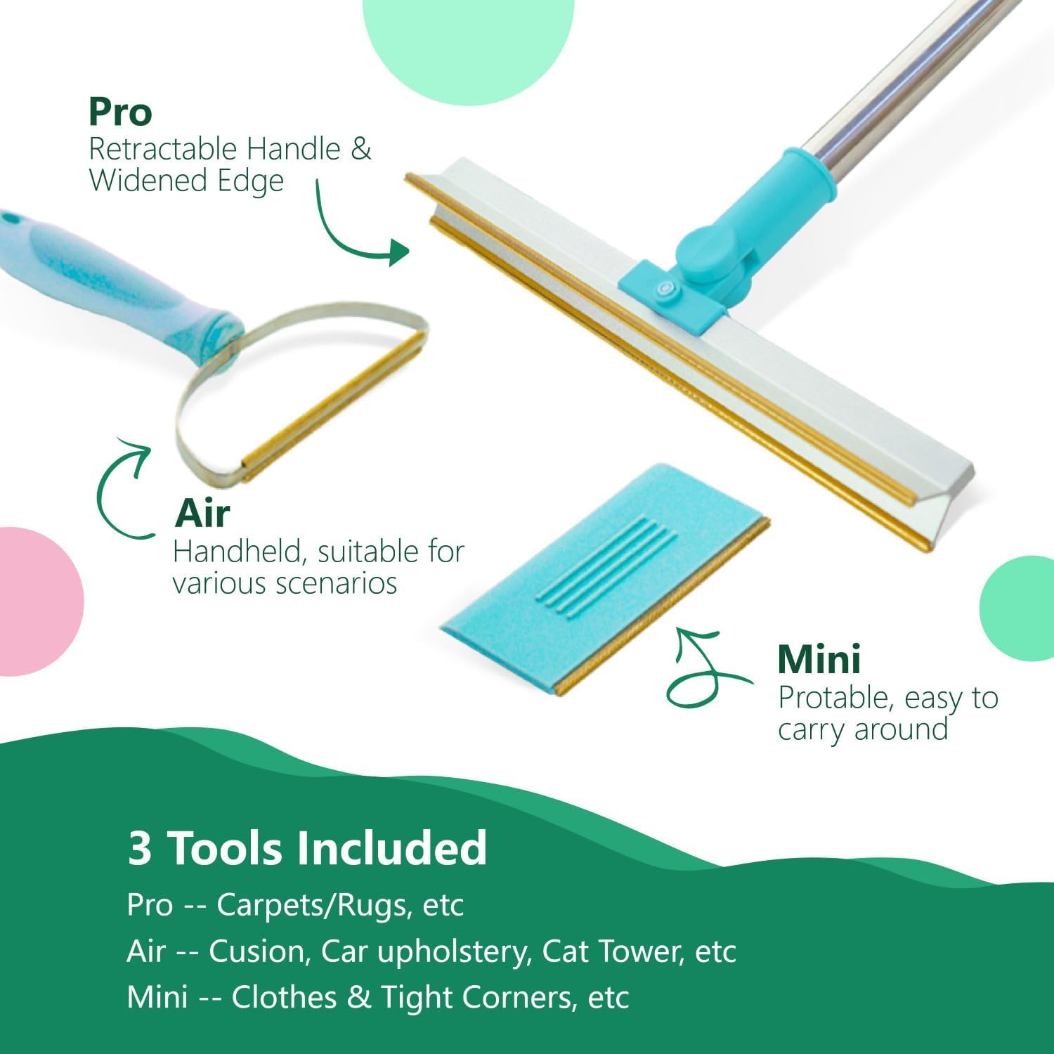 Pet Hair Remover Set, 3Pcs Dog  Cat Hair Removal Tool Set, Retractable Carpet Rake for Pet Hair, Pet Hair Removal Tool for Funiture, Carpet Brush for Rug, Couch, Pet Bed, Cat Tower (Blue)