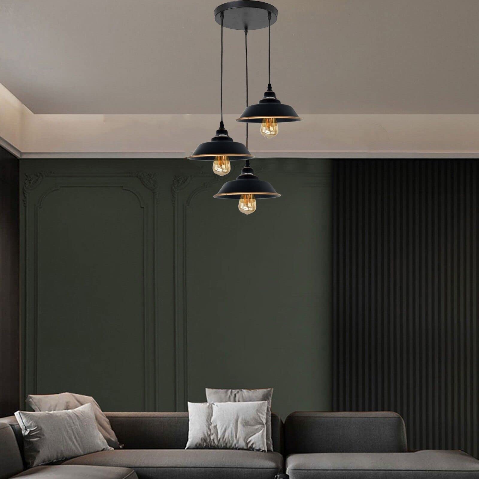 LEDSone 3 Head Pendant Light, E27 Black Gold Line Metal Hanging Lights - Image 4
